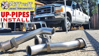 2001 F350 73  RiffRaff UpPipes Install  Stock up pipes leaking and falling apart JUNK SP [upl. by Ylhsa]